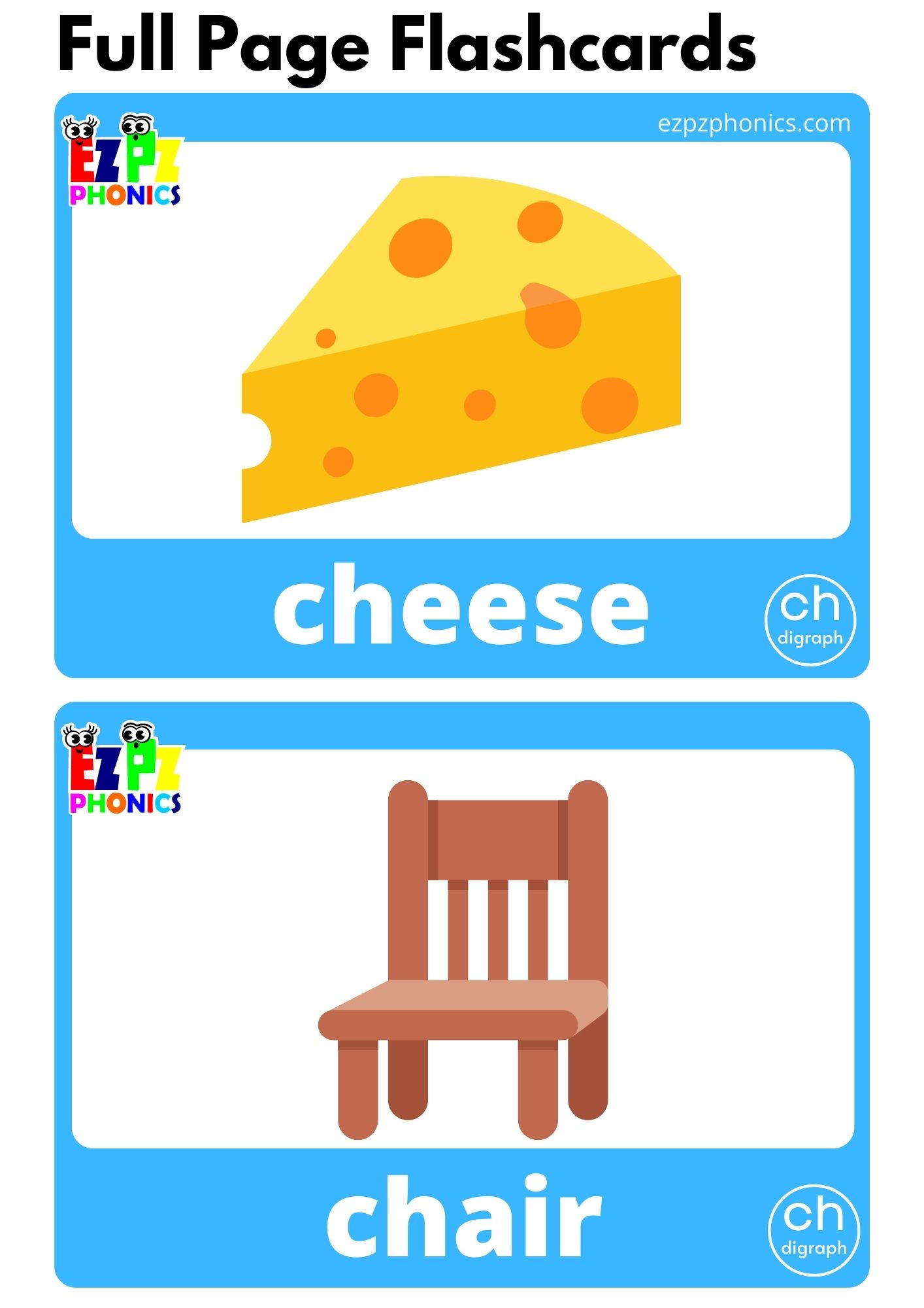 CH Digraphs Phonics Flashcards with Images and Words Download Free Printable PDF or View Online For Teachers and Homeschool Parents to Teach Kindergarten and Preschool Children